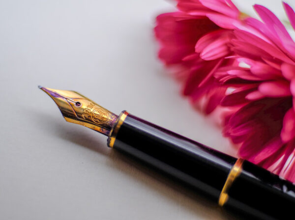 fountain pen resting on paper next to pink flower