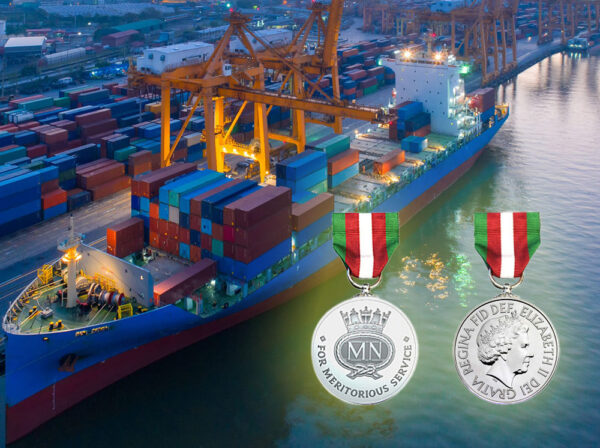 Image of a container ship in port at night. There are images of the front and reverse of the Merchant Navy medal overlaid.