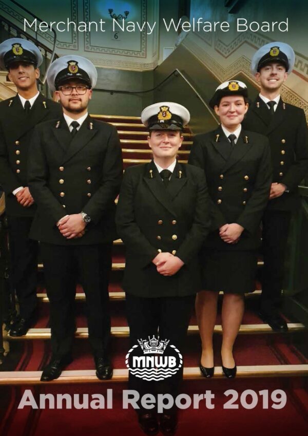 Annual report cover showing a group of five navel officers in a V formation at the foot of a grand staircase. There are two female and three male officers, all in smart uniform.