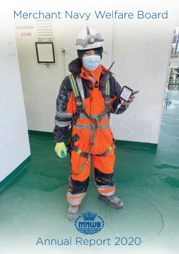 Annual report cover showing a male ship worker dressed in bright orange overalls with a harness, safety helmet and face mask. He is holding some technical equipment