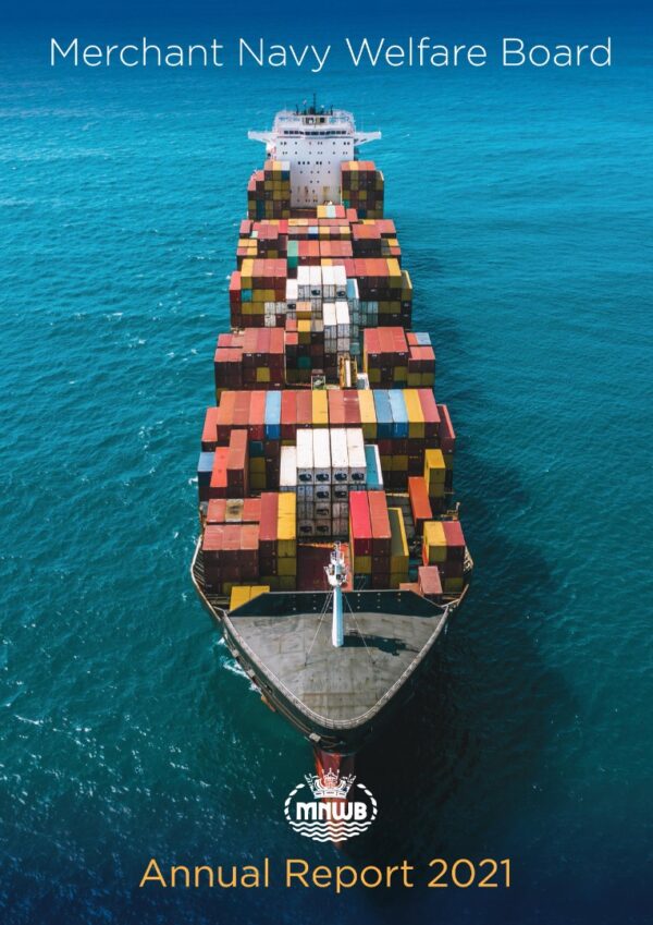 Front cover of annual report showing a heavily laden container ship, viewed from the front and from above